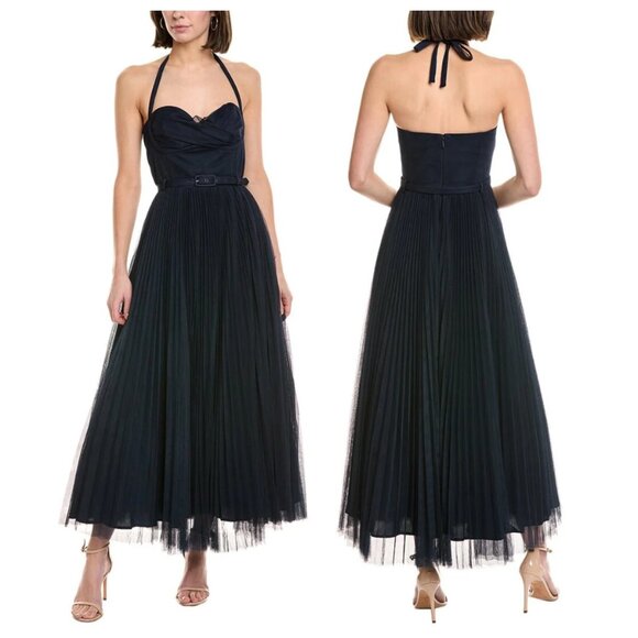 HUTCH Rumor Sweetheart Halter Pleated Tulle Midi Dress Navy - Picture 1 of 2